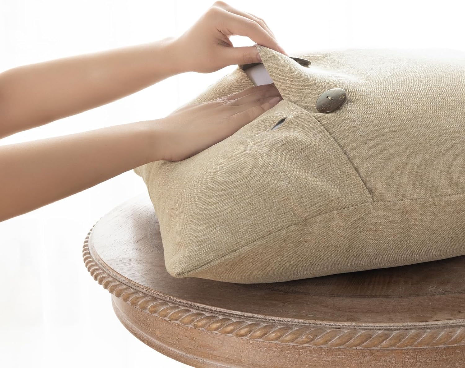 Phantoscope Farmhouse Throw Pillow Covers Triple Button Vintage Linen Solid Decorative Pillow Cover for Couch Bed and Chair Off White 18 x 18 inches 45 x 45 cm Pack of 2Light Beige