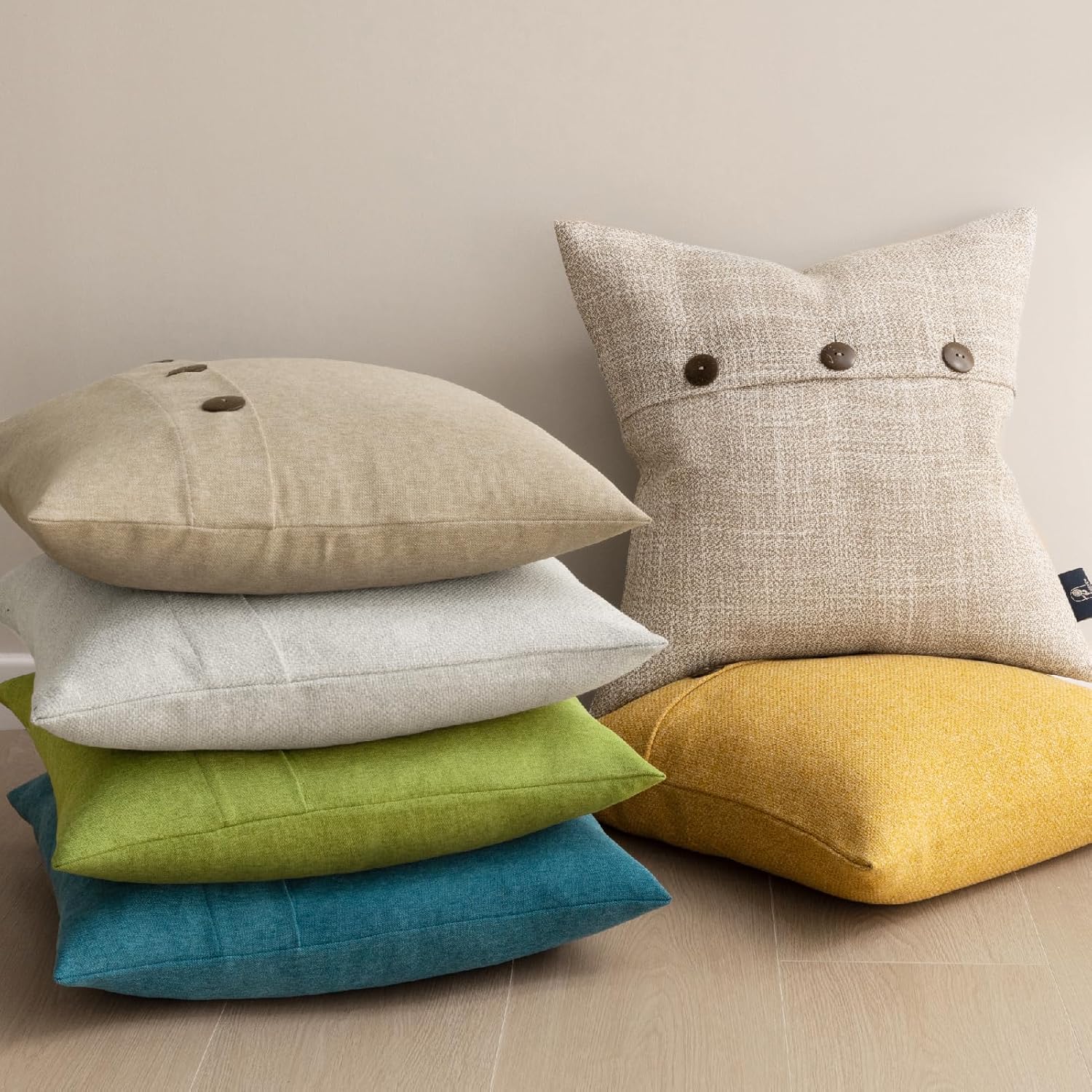 Phantoscope Farmhouse Throw Pillow Covers Triple Button Vintage Linen Solid Decorative Pillow Cover for Couch Bed and Chair Off White 18 x 18 inches 45 x 45 cm Pack of 2Blue
