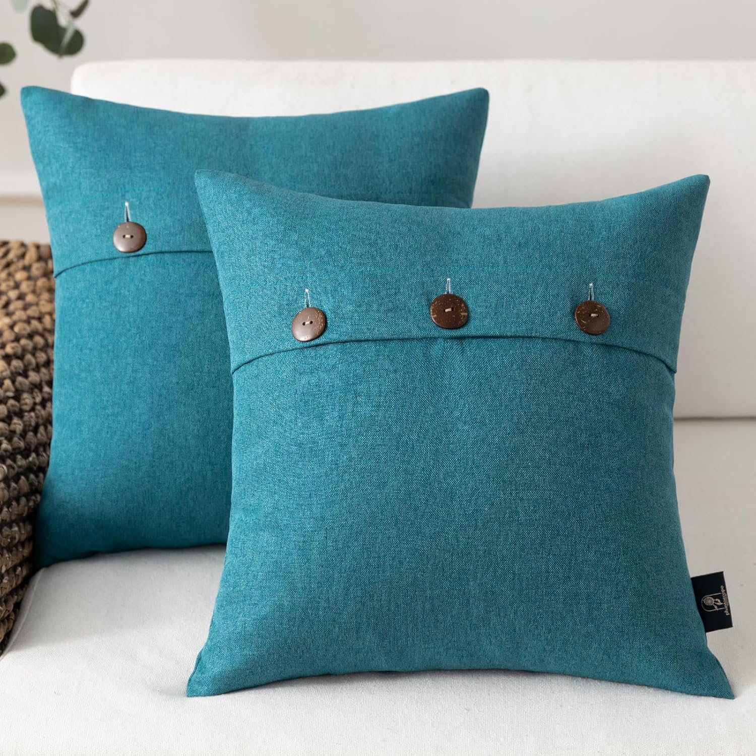 Phantoscope Farmhouse Throw Pillow Covers Triple Button Vintage Linen Solid Decorative Pillow Cover for Couch Bed and Chair Off White 18 x 18 inches 45 x 45 cm Pack of 2Blue