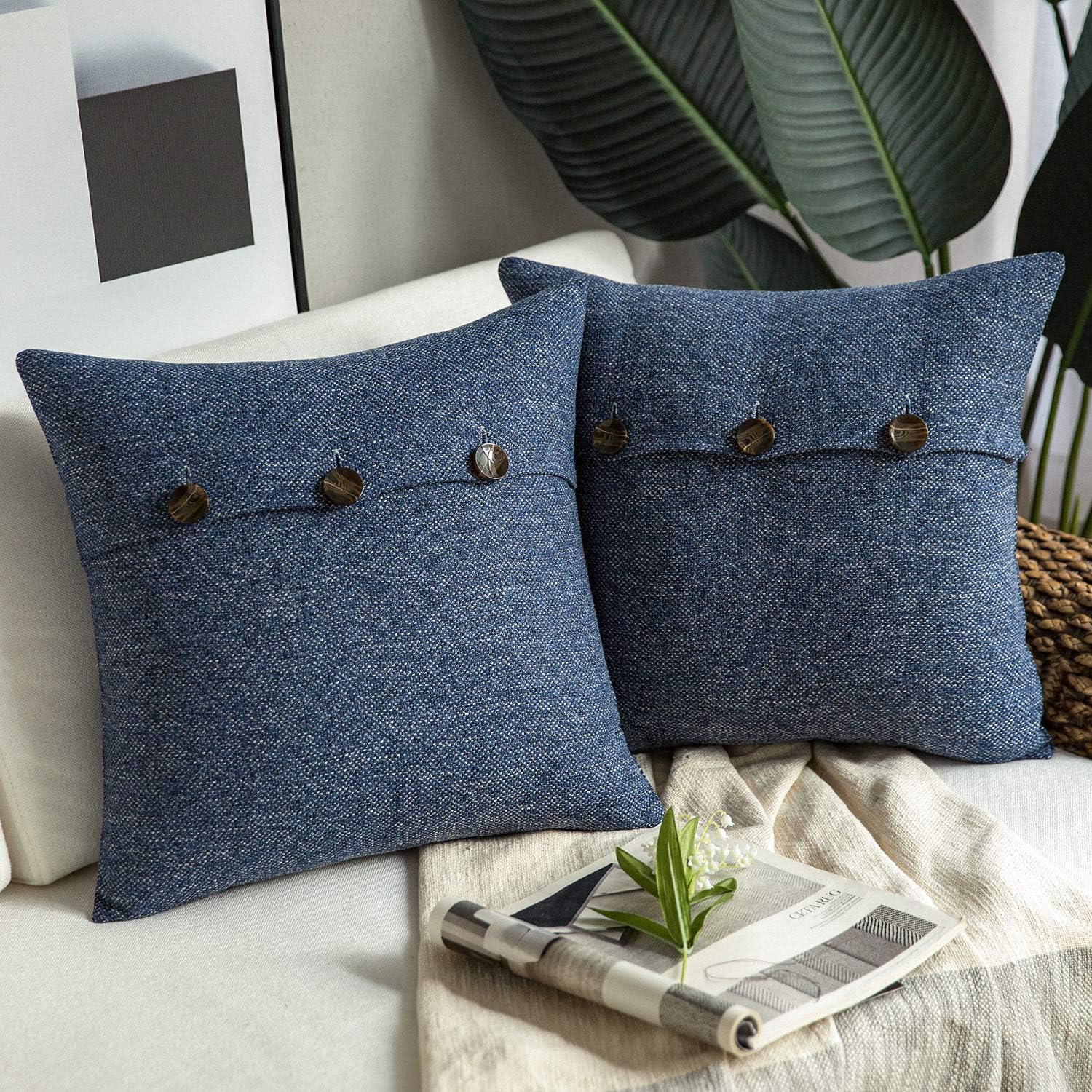 Phantoscope Farmhouse Throw Pillow Covers Triple Button Vintage Linen Solid Decorative Pillow Cover for Couch Bed and Chair Off White 18 x 18 inches 45 x 45 cm Pack of 2Navy Blue
