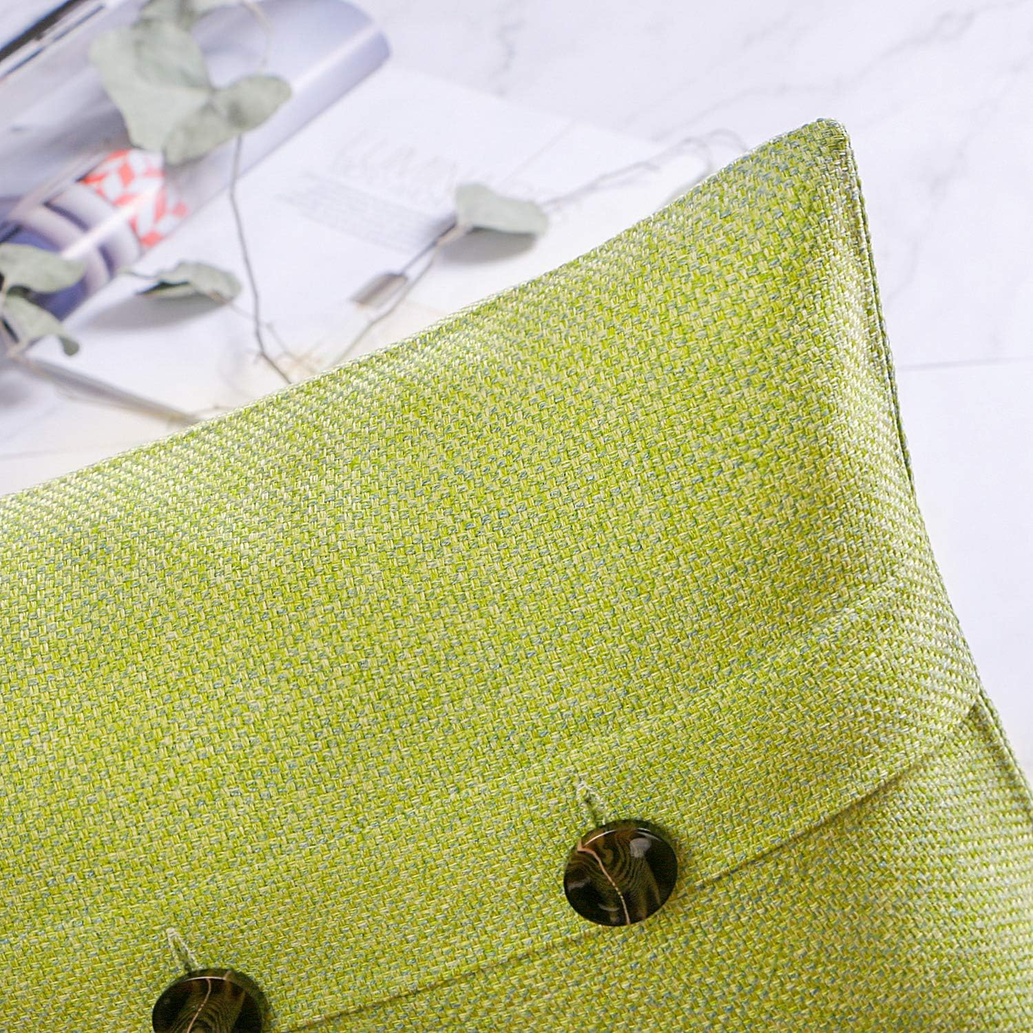 Phantoscope Farmhouse Throw Pillow Covers Triple Button Vintage Linen Solid Decorative Pillow Cover for Couch Bed and Chair Off White 18 x 18 inches 45 x 45 cm Pack of 2Yellow Green