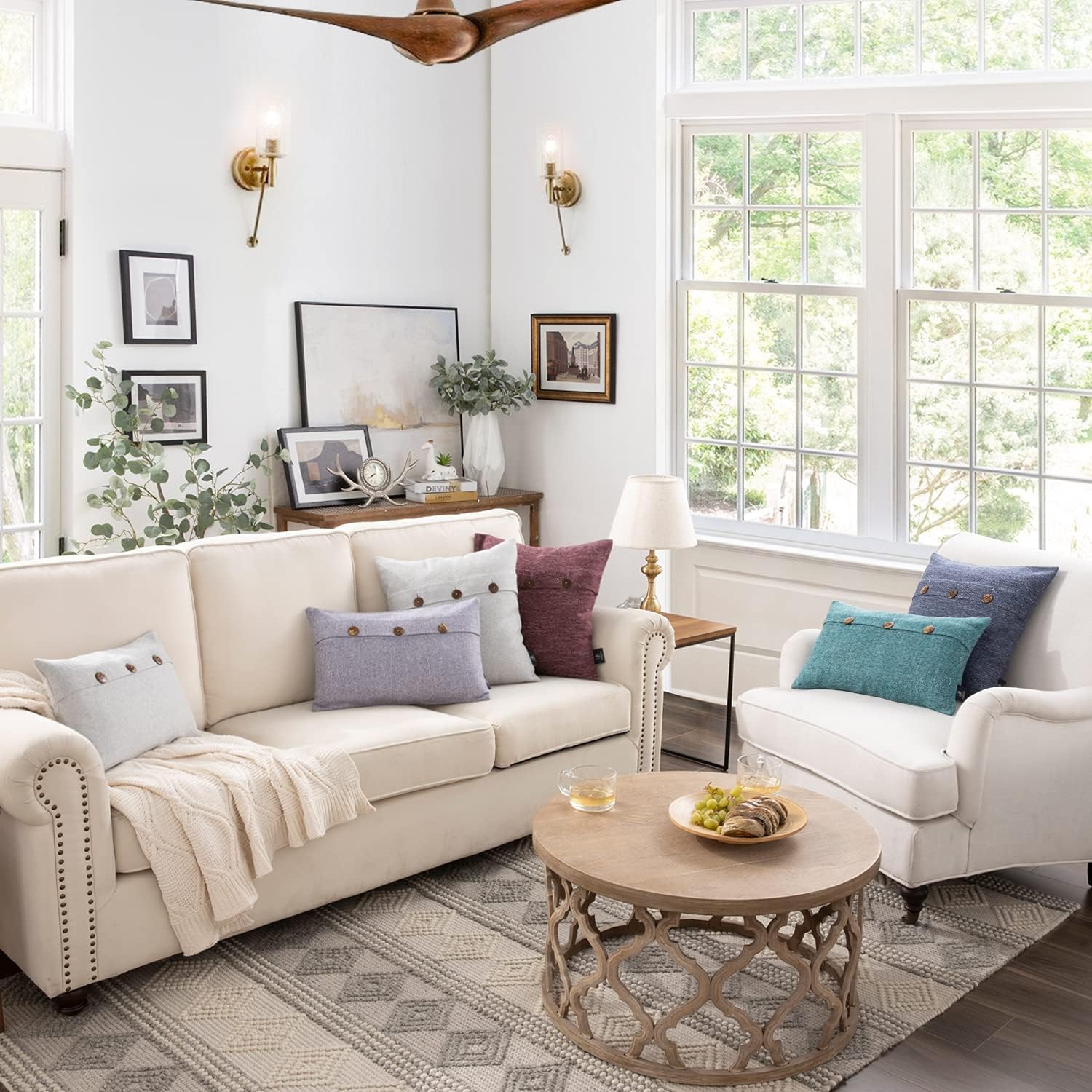 Phantoscope Farmhouse Throw Pillow Covers Triple Button Vintage Linen Solid Decorative Pillow Cover for Couch Bed and Chair Off White 18 x 18 inches 45 x 45 cm Pack of 2Light Grey