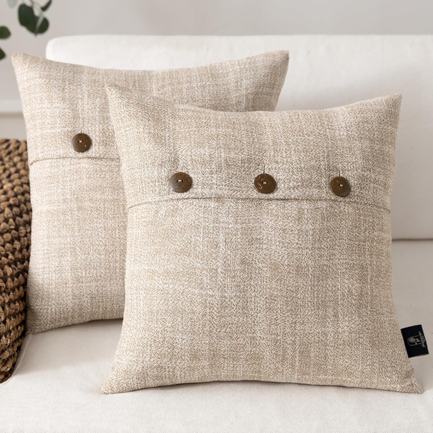 Phantoscope Farmhouse Throw Pillow Covers Triple Button Vintage Linen Solid Decorative Pillow Cover for Couch Bed and Chair Off White 18 x 18 inches 45 x 45 cm Pack of 2Beige