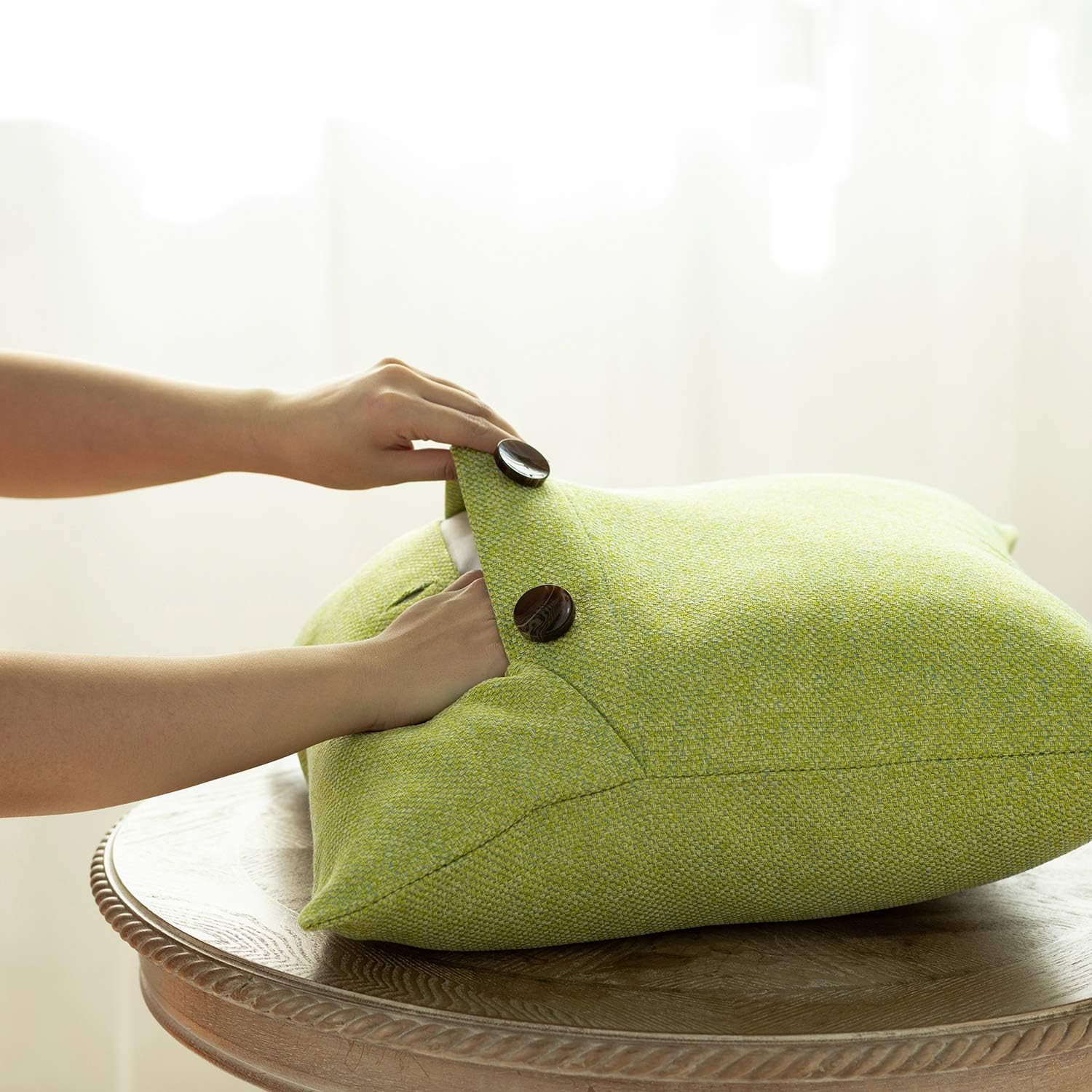 Phantoscope Farmhouse Throw Pillow Covers Triple Button Vintage Linen Solid Decorative Pillow Cover for Couch Bed and Chair Off White 18 x 18 inches 45 x 45 cm Pack of 2Yellow Green