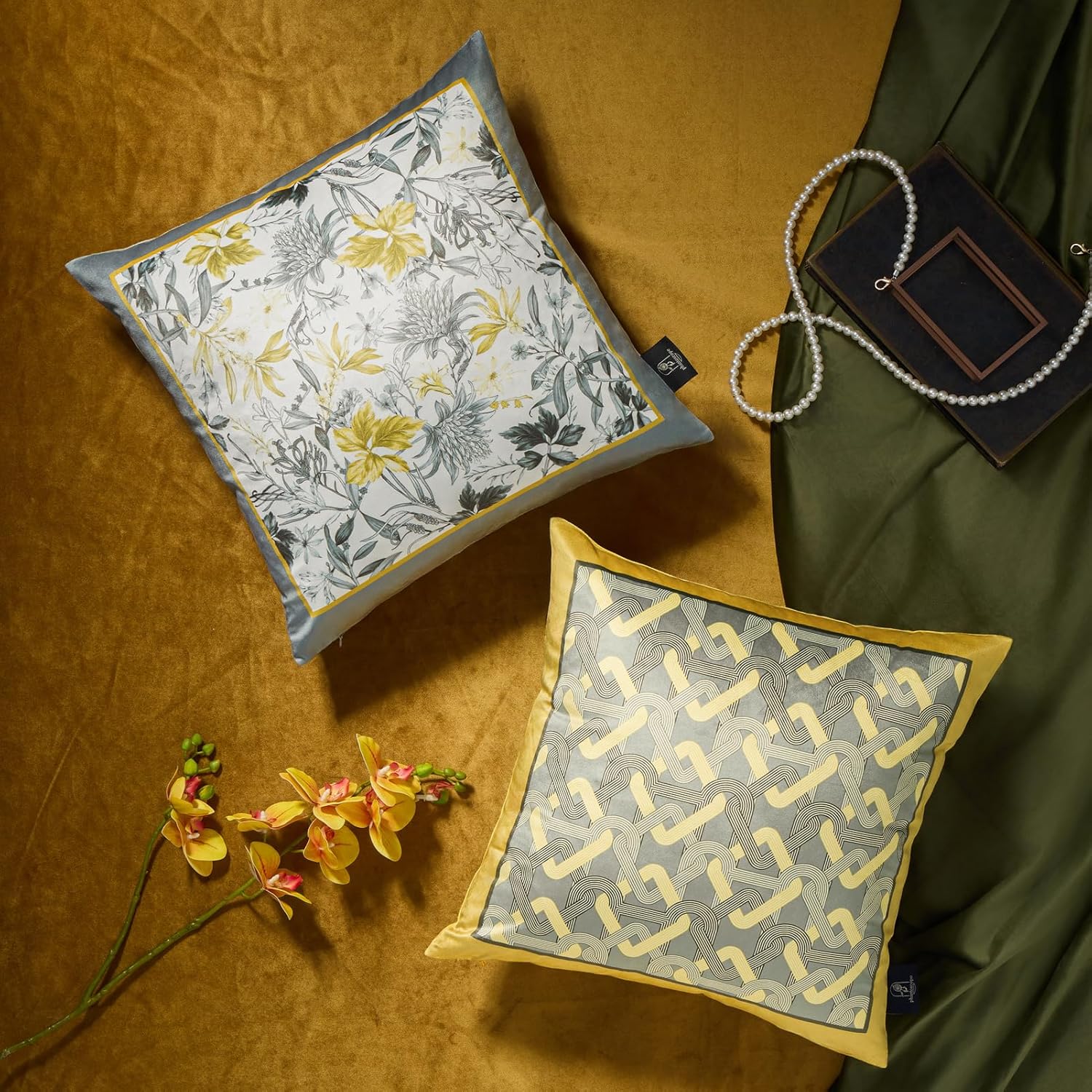 Phantoscope Pack of 4 Velvet Throw Pillow Covers Decorative Soft Velvet Pillows Vintage Chinoiserie Pillow Covers Square Cushion Case for Couch Bed Sofa BlueGreyWhite 18x18 inchesYellow