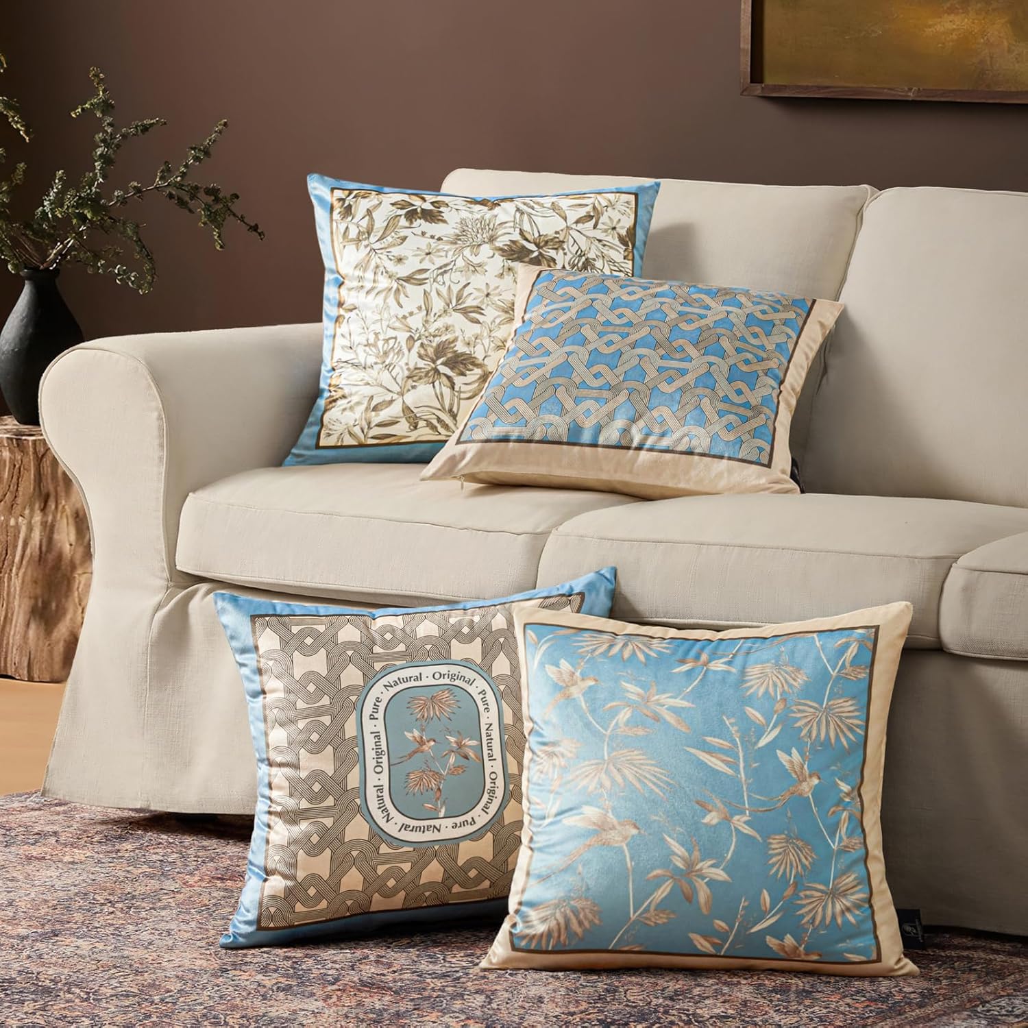Phantoscope Pack of 4 Velvet Throw Pillow Covers Decorative Soft Velvet Pillows Vintage Chinoiserie Pillow Covers Square Cushion Case for Couch Bed Sofa BlueGreyWhite 18x18 inchesLight Blue