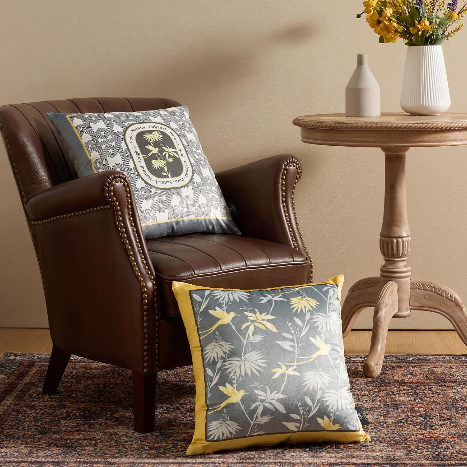 Phantoscope Pack of 4 Velvet Throw Pillow Covers Decorative Soft Velvet Pillows Vintage Chinoiserie Pillow Covers Square Cushion Case for Couch Bed Sofa BlueGreyWhite 18x18 inchesYellow