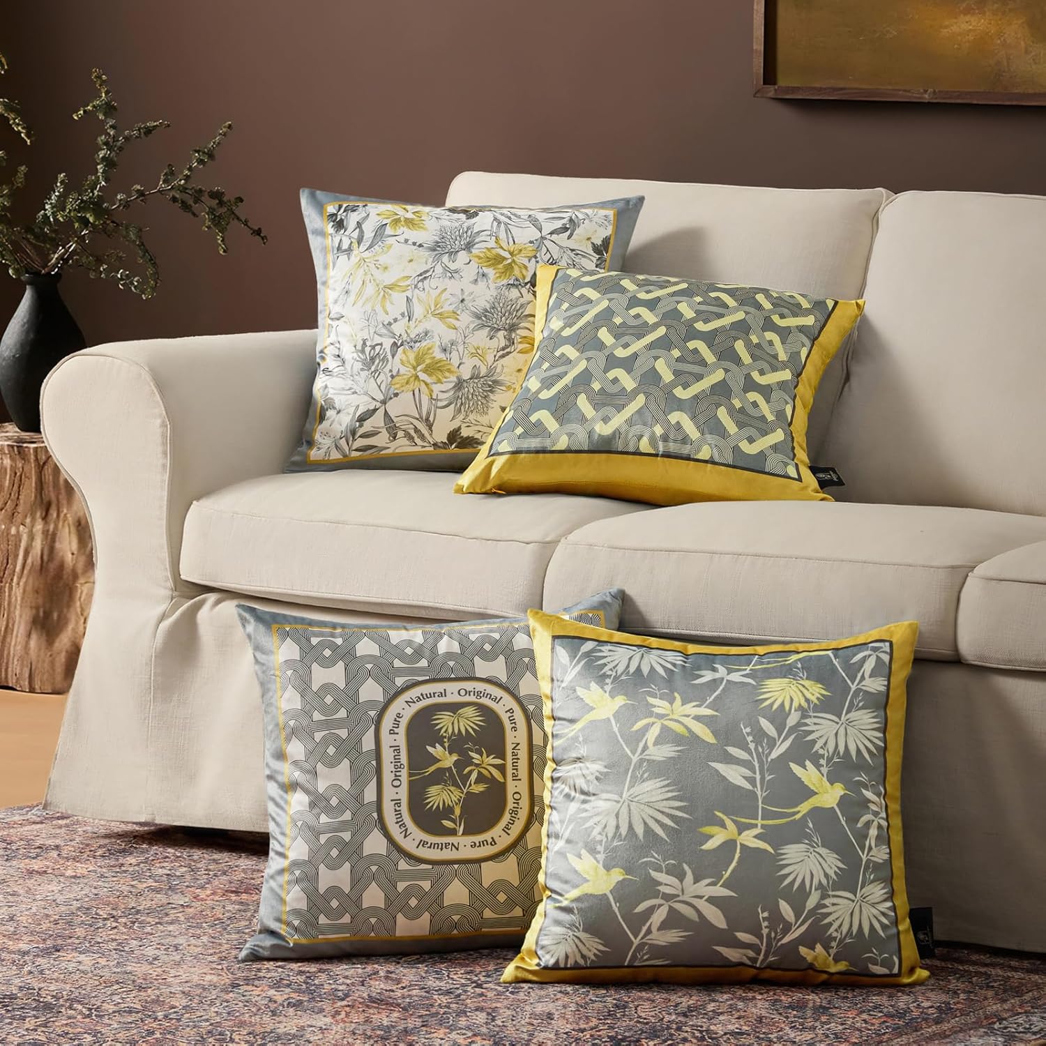 Phantoscope Pack of 4 Velvet Throw Pillow Covers Decorative Soft Velvet Pillows Vintage Chinoiserie Pillow Covers Square Cushion Case for Couch Bed Sofa BlueGreyWhite 18x18 inchesYellow