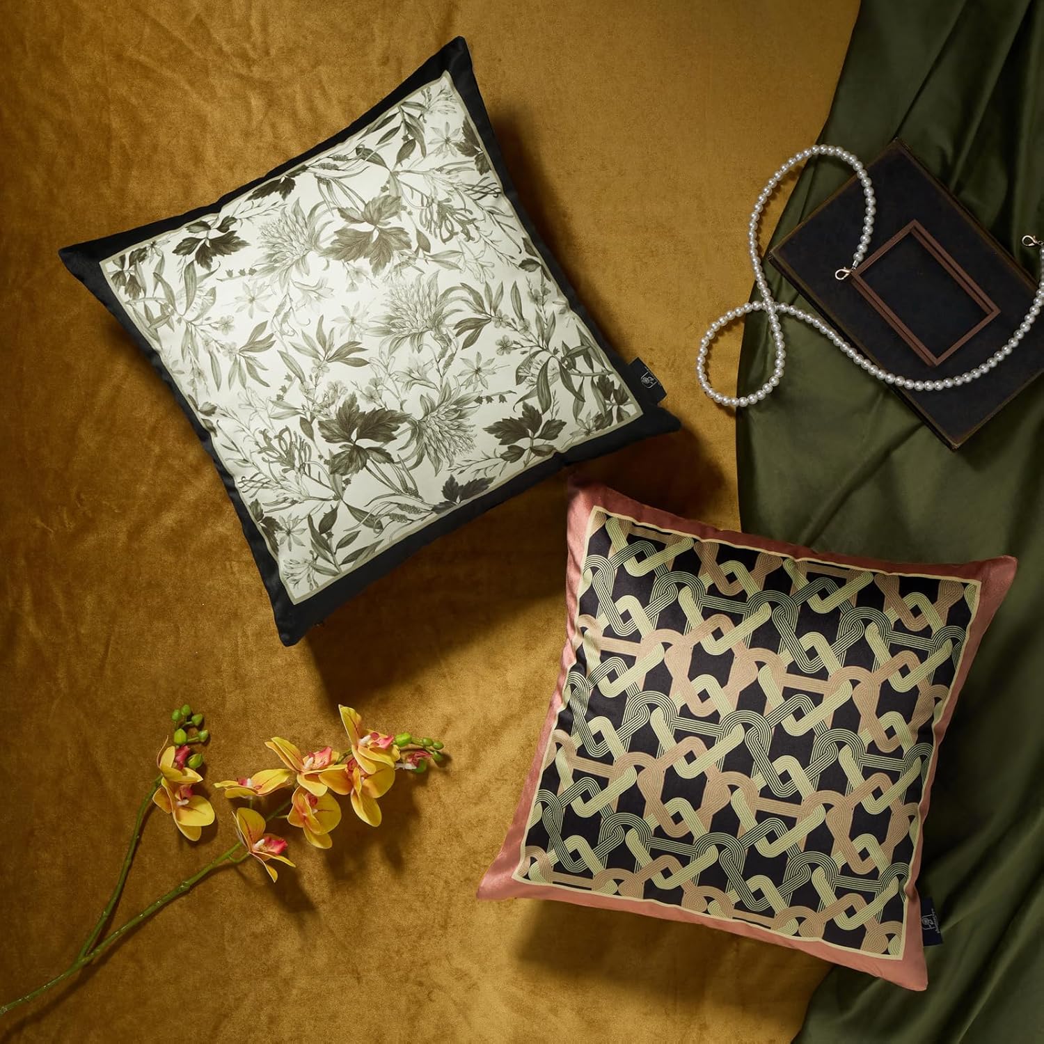Phantoscope Pack of 4 Velvet Throw Pillow Covers Decorative Soft Velvet Pillows Vintage Chinoiserie Pillow Covers Square Cushion Case for Couch Bed Sofa BlueGreyWhite 18x18 inchesDark Green