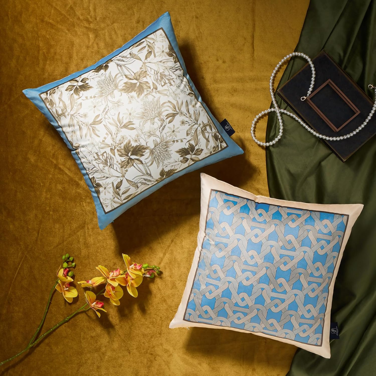 Phantoscope Pack of 4 Velvet Throw Pillow Covers Decorative Soft Velvet Pillows Vintage Chinoiserie Pillow Covers Square Cushion Case for Couch Bed Sofa BlueGreyWhite 18x18 inchesLight Blue