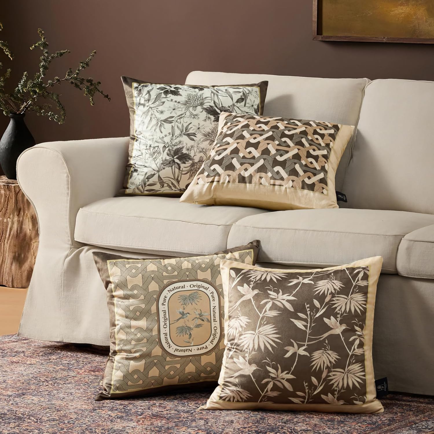 Phantoscope Pack of 4 Velvet Throw Pillow Covers Decorative Soft Velvet Pillows Vintage Chinoiserie Pillow Covers Square Cushion Case for Couch Bed Sofa BlueGreyWhite 18x18 inchesLight Coffee