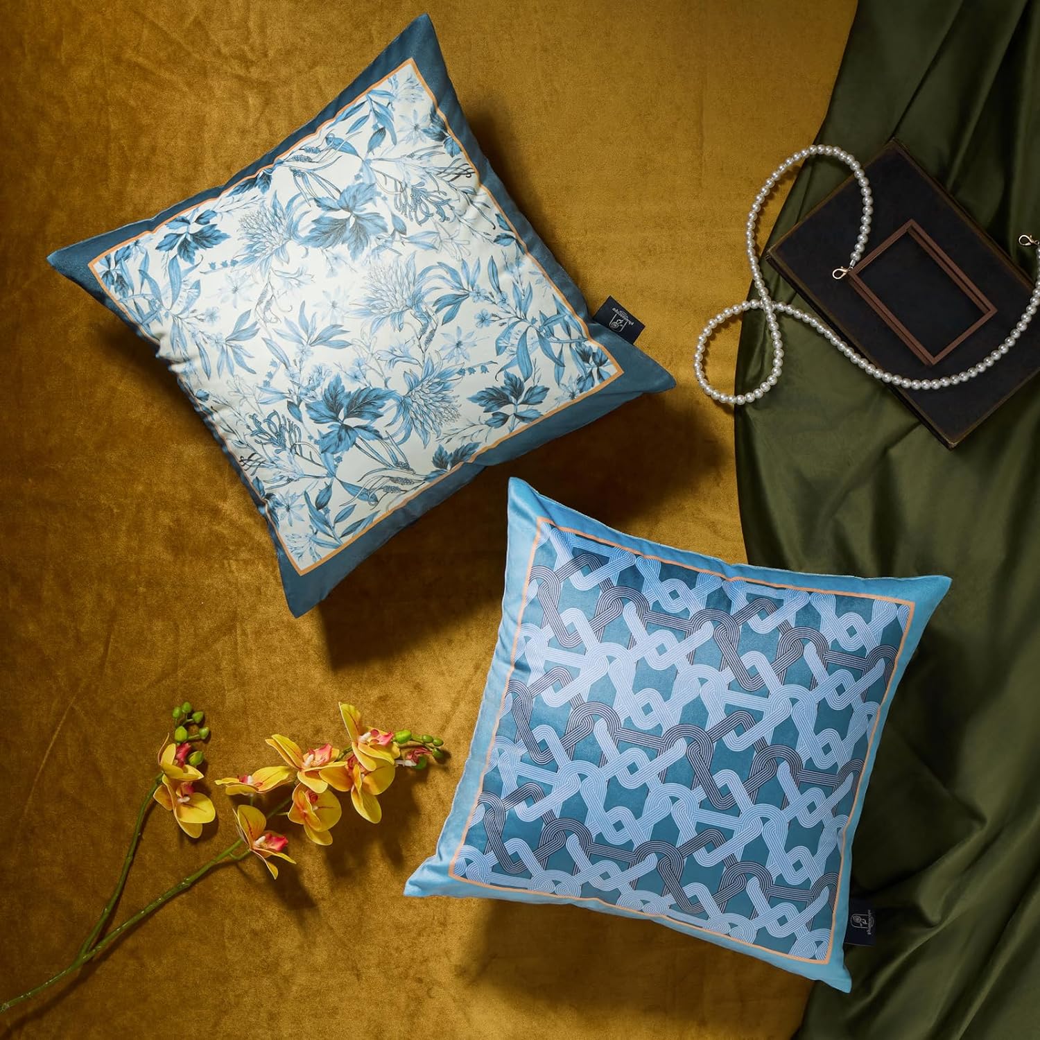 Phantoscope Pack of 4 Velvet Throw Pillow Covers Decorative Soft Velvet Pillows Vintage Chinoiserie Pillow Covers Square Cushion Case for Couch Bed Sofa BlueGreyWhite 18x18 inchesBlue