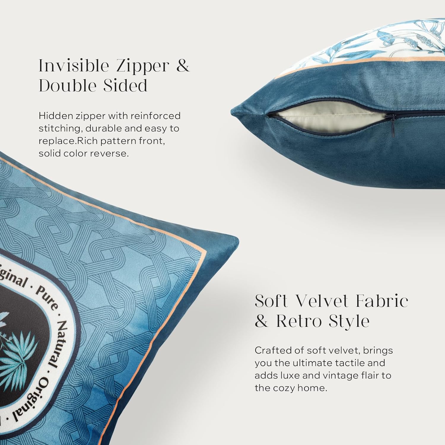 Phantoscope Pack of 4 Velvet Throw Pillow Covers Decorative Soft Velvet Pillows Vintage Chinoiserie Pillow Covers Square Cushion Case for Couch Bed Sofa BlueGreyWhite 18x18 inchesBlue