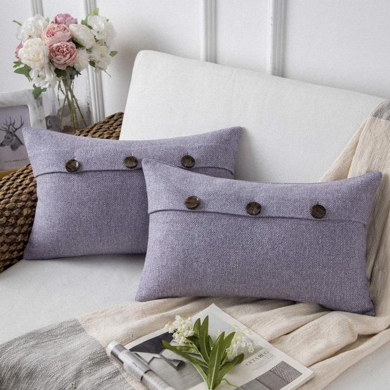 Phantoscope Farmhouse Throw Pillow Covers Triple Button Vintage Linen Solid Decorative Pillow Cover for Couch Bed and Chair Off White 18 x 18 inches 45 x 45 cm Pack of 2Light Purple