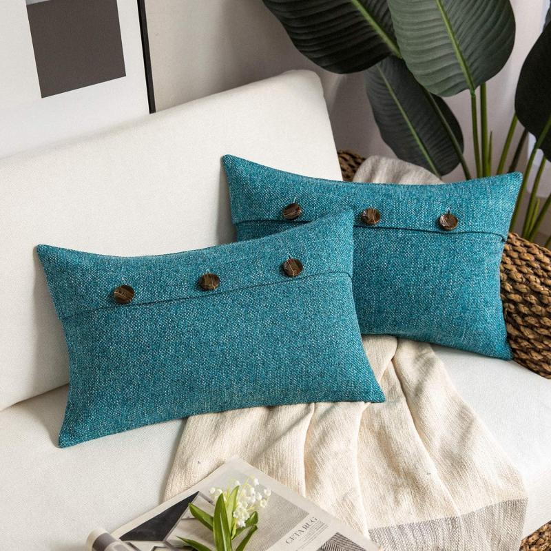 Phantoscope Farmhouse Throw Pillow Covers Triple Button Vintage Linen Solid Decorative Pillow Cover for Couch Bed and Chair Off White 18 x 18 inches 45 x 45 cm Pack of 2Lake Blue