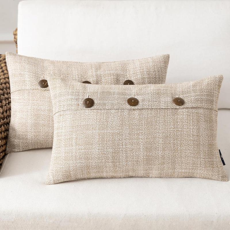Phantoscope Farmhouse Throw Pillow Covers Triple Button Vintage Linen Solid Decorative Pillow Cover for Couch Bed and Chair Off White 18 x 18 inches 45 x 45 cm Pack of 2Beige