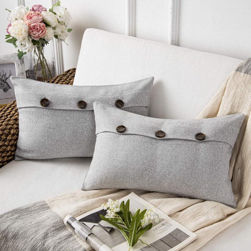 Phantoscope Farmhouse Throw Pillow Covers Triple Button Vintage Linen Solid Decorative Pillow Cover for Couch Bed and Chair Off White 18 x 18 inches 45 x 45 cm Pack of 2Light Grey