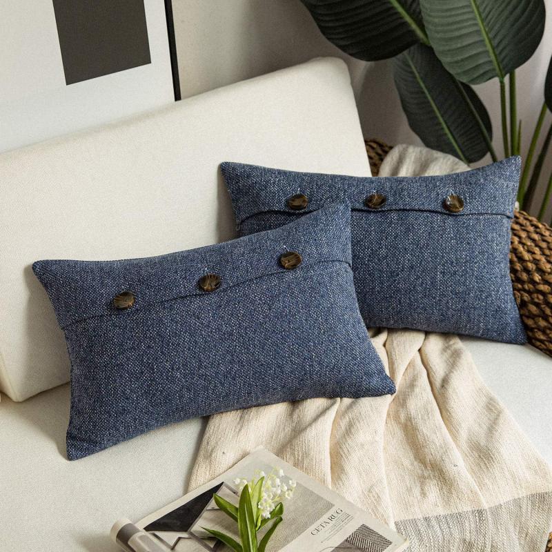 Phantoscope Farmhouse Throw Pillow Covers Triple Button Vintage Linen Solid Decorative Pillow Cover for Couch Bed and Chair Off White 18 x 18 inches 45 x 45 cm Pack of 2Navy Blue