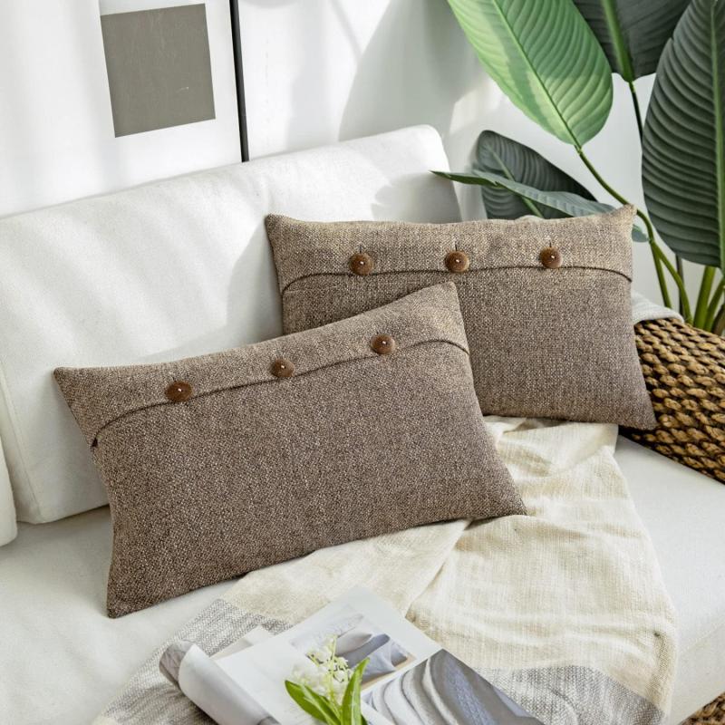 Phantoscope Farmhouse Throw Pillow Covers Triple Button Vintage Linen Solid Decorative Pillow Cover for Couch Bed and Chair Off White 18 x 18 inches 45 x 45 cm Pack of 2Coffee