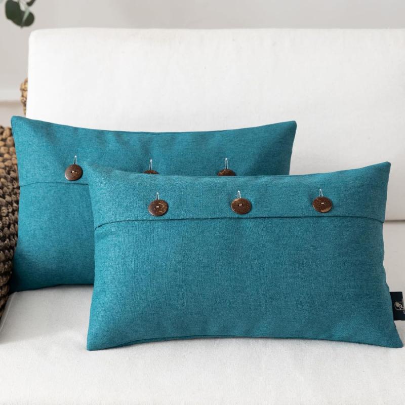 Phantoscope Farmhouse Throw Pillow Covers Triple Button Vintage Linen Solid Decorative Pillow Cover for Couch Bed and Chair Off White 18 x 18 inches 45 x 45 cm Pack of 2Blue