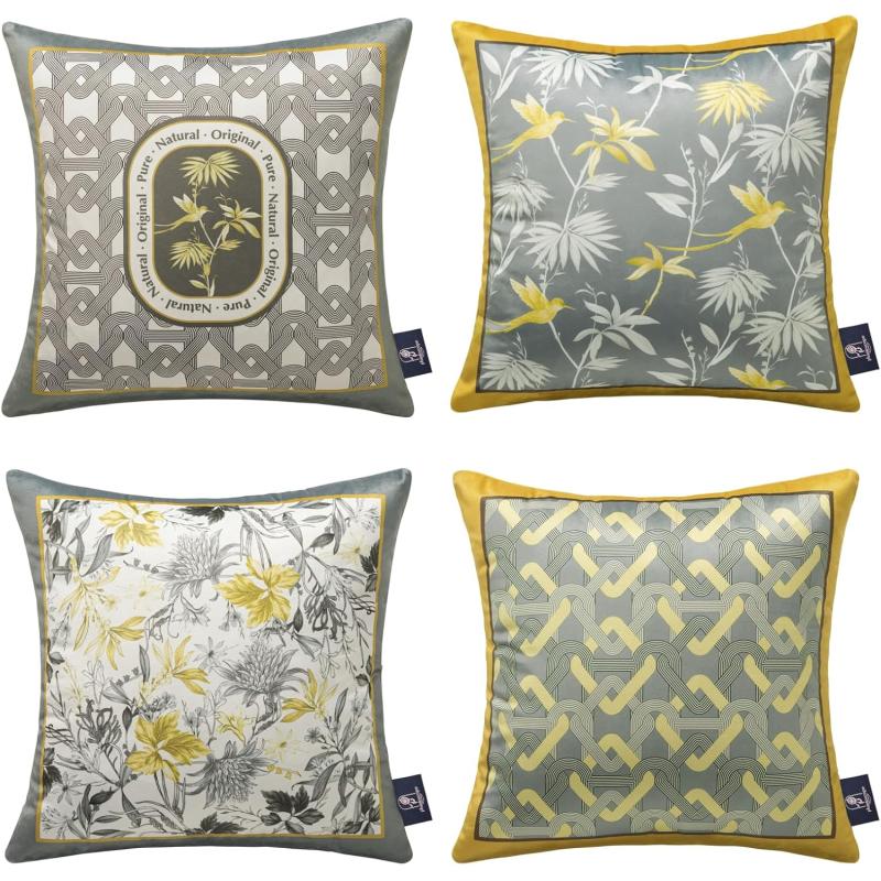 Phantoscope Pack of 4 Velvet Throw Pillow Covers Decorative Soft Velvet Pillows Vintage Chinoiserie Pillow Covers Square Cushion Case for Couch Bed Sofa BlueGreyWhite 18x18 inchesYellow