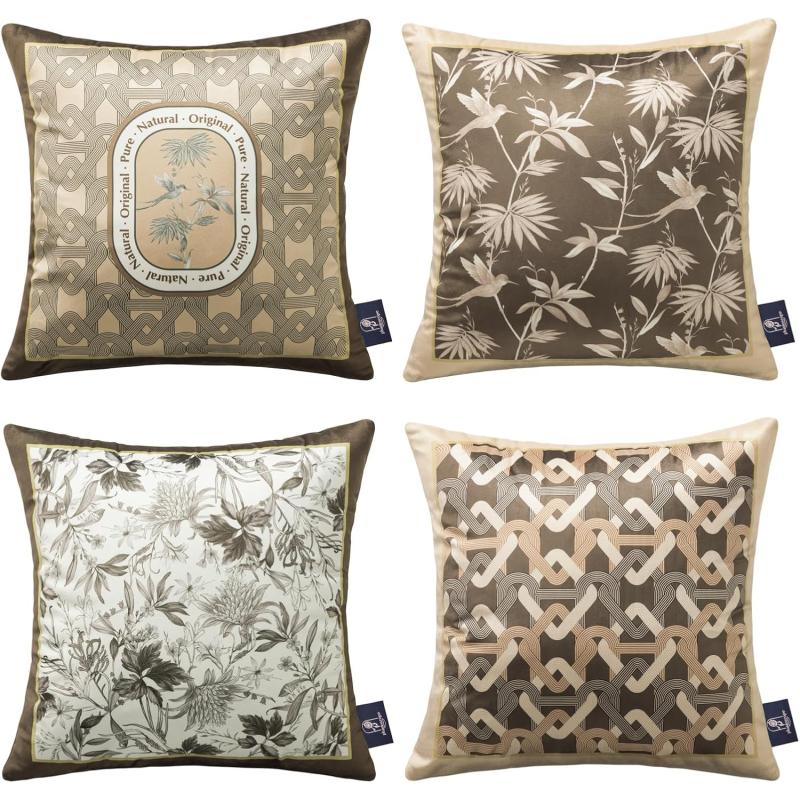 Phantoscope Pack of 4 Velvet Throw Pillow Covers Decorative Soft Velvet Pillows Vintage Chinoiserie Pillow Covers Square Cushion Case for Couch Bed Sofa BlueGreyWhite 18x18 inchesLight Coffee