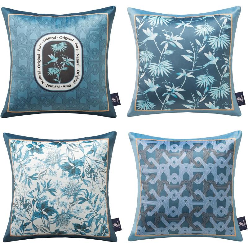Phantoscope Pack of 4 Velvet Throw Pillow Covers Decorative Soft Velvet Pillows Vintage Chinoiserie Pillow Covers Square Cushion Case for Couch Bed Sofa BlueGreyWhite 18x18 inchesBlue