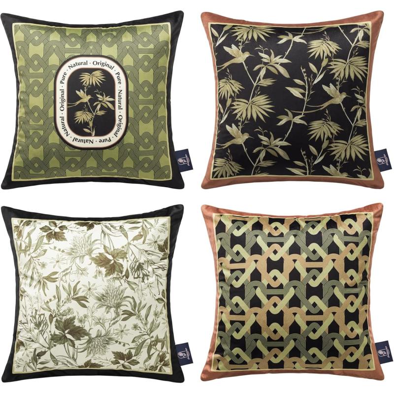 Phantoscope Pack of 4 Velvet Throw Pillow Covers Decorative Soft Velvet Pillows Vintage Chinoiserie Pillow Covers Square Cushion Case for Couch Bed Sofa BlueGreyWhite 18x18 inchesDark Green