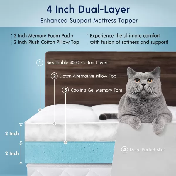 Phantoscope 4 Inch Dual Layer Memory Foam Mattress Topper Queen Size 2 Inch Cooling Gel Memory Foam  2 Inch Cotton Pillow Top Cover Relieve Hip and Back Pain for Stomach and Side Sleepers White