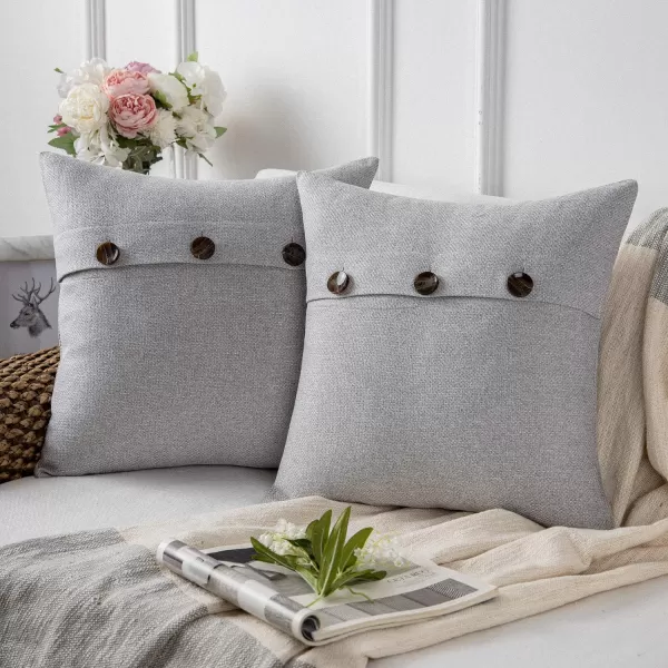 Phantoscope Farmhouse Throw Pillow Covers Triple Button Vintage Linen Solid Decorative Pillow Cover for Couch Bed and Chair Off White 18 x 18 inches 45 x 45 cm Pack of 2Light Grey