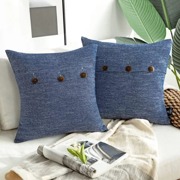Phantoscope Farmhouse Throw Pillow Covers Triple Button Vintage Linen Solid Decorative Pillow Cover for Couch Bed and Chair Off White 18 x 18 inches 45 x 45 cm Pack of 2Navy Blue