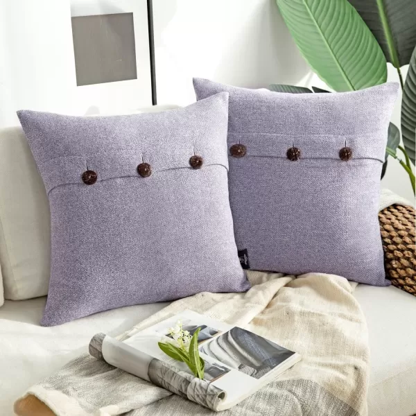 Phantoscope Farmhouse Throw Pillow Covers Triple Button Vintage Linen Solid Decorative Pillow Cover for Couch Bed and Chair Off White 18 x 18 inches 45 x 45 cm Pack of 2Light Purple