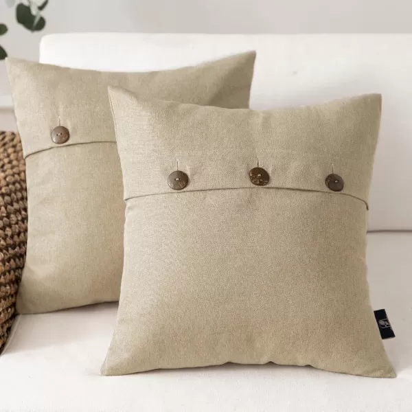 Phantoscope Farmhouse Throw Pillow Covers Triple Button Vintage Linen Solid Decorative Pillow Cover for Couch Bed and Chair Off White 18 x 18 inches 45 x 45 cm Pack of 2Light Beige