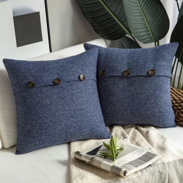 Phantoscope Farmhouse Throw Pillow Covers Triple Button Vintage Linen Solid Decorative Pillow Cover for Couch Bed and Chair Off White 18 x 18 inches 45 x 45 cm Pack of 2Navy Blue