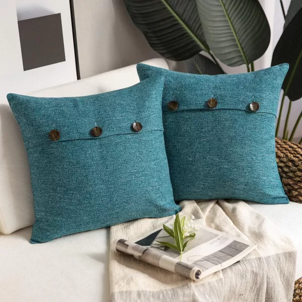 Phantoscope Farmhouse Throw Pillow Covers Triple Button Vintage Linen Solid Decorative Pillow Cover for Couch Bed and Chair Off White 18 x 18 inches 45 x 45 cm Pack of 2Lake Blue