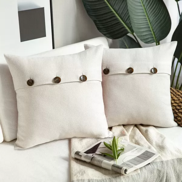 Phantoscope Farmhouse Throw Pillow Covers Triple Button Vintage Linen Solid Decorative Pillow Cover for Couch Bed and Chair Off White 18 x 18 inches 45 x 45 cm Pack of 2Offwhite