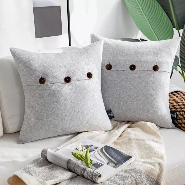 Phantoscope Farmhouse Throw Pillow Covers Triple Button Vintage Linen Solid Decorative Pillow Cover for Couch Bed and Chair Off White 18 x 18 inches 45 x 45 cm Pack of 2Light Grey