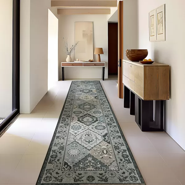 Phantoscope Hallway Runner Rug 2x6  Vintage Washable NonSlip Kitchen Rug Runner with Rubber Backing UltraThin Moroccan Boho Carpet Runner for Entryway Laundry Bathroom Blue TealMultiNeutral Gray