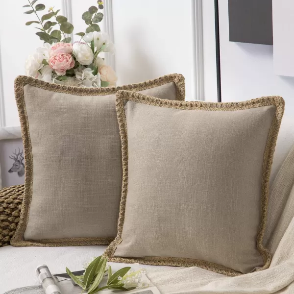 Phantoscope Pack of 2 Farmhouse Decorative Solid Throw Decorative Pillow Cover Burlap Linen Trimmed Tailored Edges Orange 18 x 18 inches 45 x 45 cmBeige