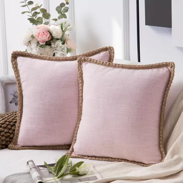 Phantoscope Pack of 2 Farmhouse Decorative Solid Throw Decorative Pillow Cover Burlap Linen Trimmed Tailored Edges Orange 18 x 18 inches 45 x 45 cmBlush Pink
