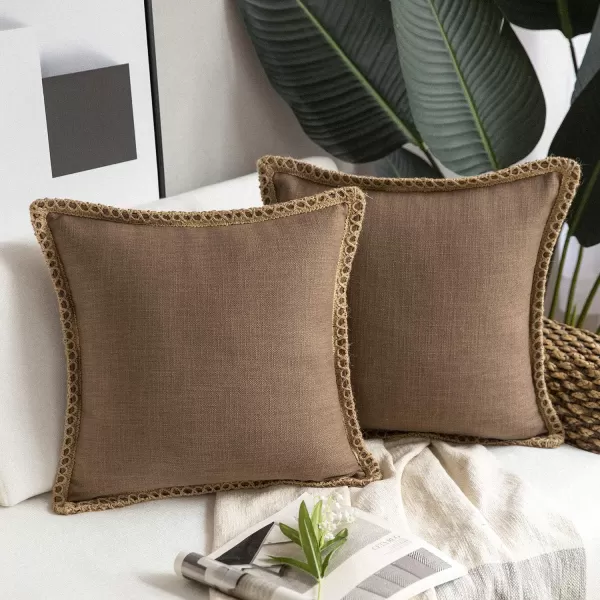 Phantoscope Pack of 2 Farmhouse Decorative Solid Throw Decorative Pillow Cover Burlap Linen Trimmed Tailored Edges Orange 18 x 18 inches 45 x 45 cmCoffee