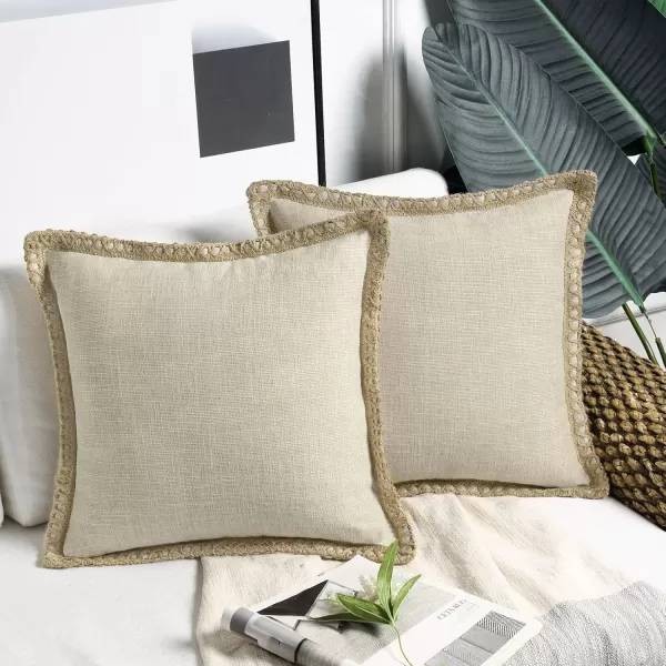 Phantoscope Pack of 2 Farmhouse Decorative Solid Throw Decorative Pillow Cover Burlap Linen Trimmed Tailored Edges Orange 18 x 18 inches 45 x 45 cmOatmeal