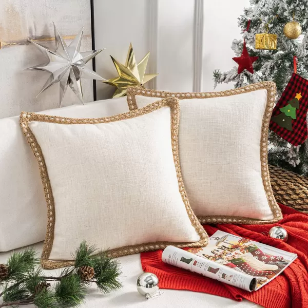 Phantoscope Pack of 2 Farmhouse Decorative Solid Throw Decorative Pillow Cover Burlap Linen Trimmed Tailored Edges Orange 18 x 18 inches 45 x 45 cmOff White
