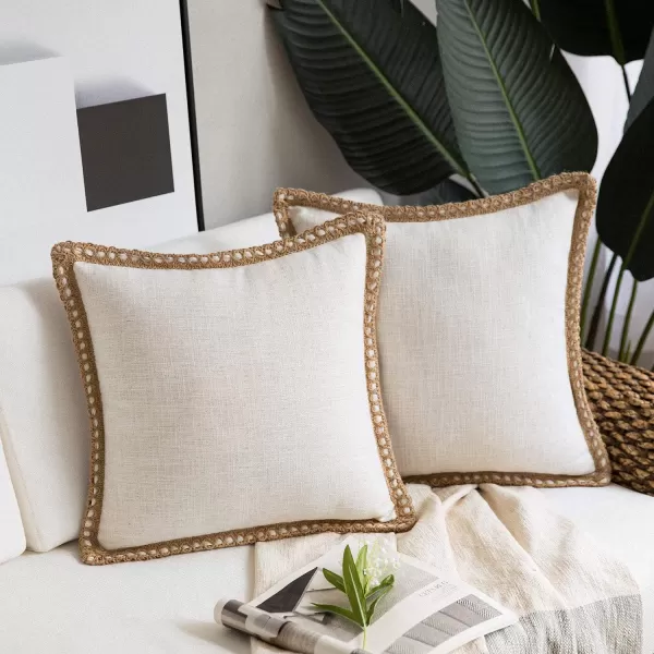 Phantoscope Pack of 2 Farmhouse Decorative Solid Throw Decorative Pillow Cover Burlap Linen Trimmed Tailored Edges Orange 18 x 18 inches 45 x 45 cmOff White