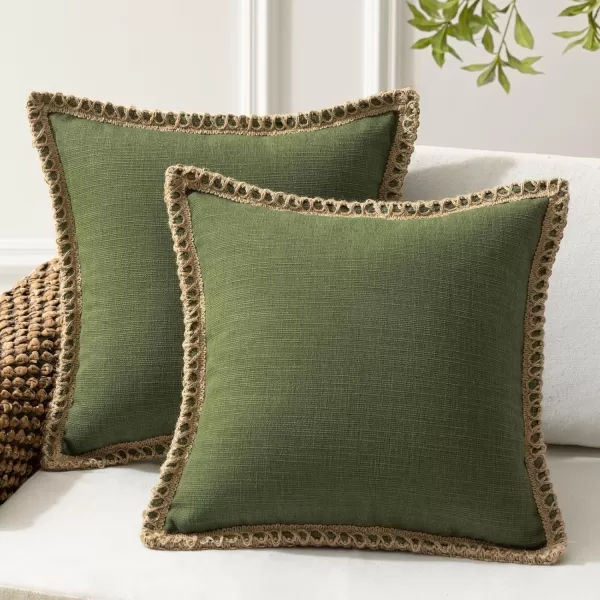 Phantoscope Pack of 2 Farmhouse Decorative Solid Throw Decorative Pillow Cover Burlap Linen Trimmed Tailored Edges Orange 18 x 18 inches 45 x 45 cmOlive Green