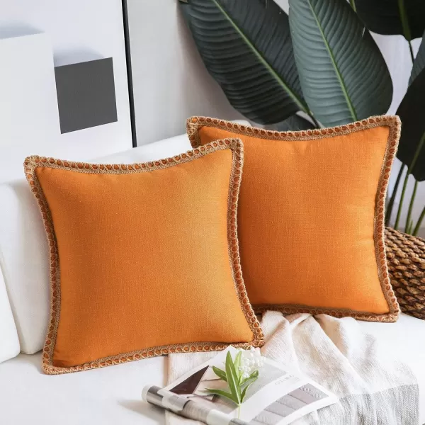 Phantoscope Pack of 2 Farmhouse Decorative Solid Throw Decorative Pillow Cover Burlap Linen Trimmed Tailored Edges Orange 18 x 18 inches 45 x 45 cmOrange