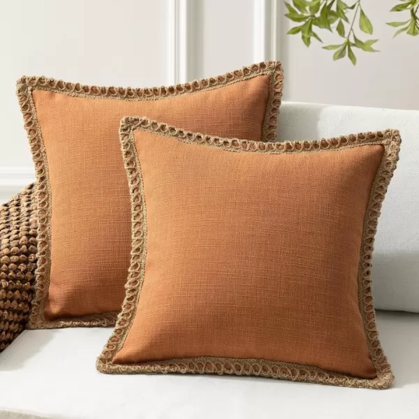 Phantoscope Pack of 2 Farmhouse Decorative Solid Throw Decorative Pillow Cover Burlap Linen Trimmed Tailored Edges Orange 18 x 18 inches 45 x 45 cmOrange