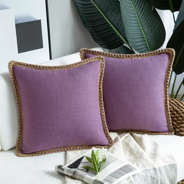 Phantoscope Pack of 2 Farmhouse Decorative Solid Throw Decorative Pillow Cover Burlap Linen Trimmed Tailored Edges Orange 18 x 18 inches 45 x 45 cmPurple