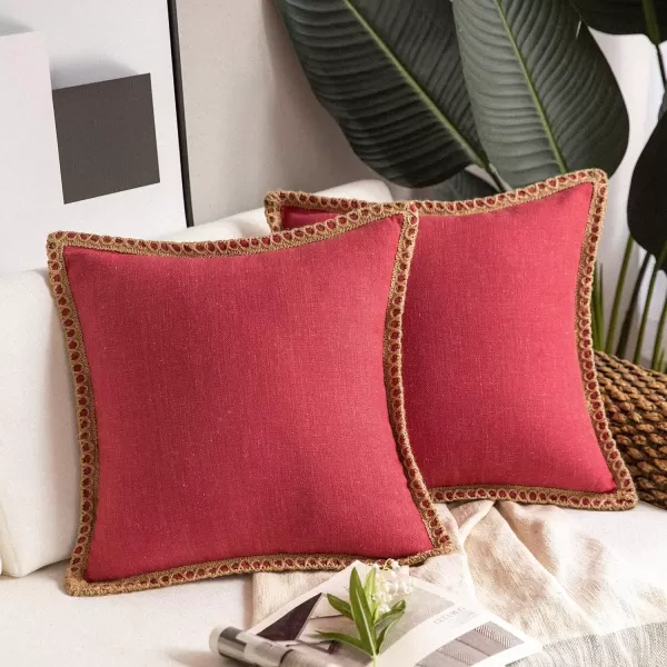 Phantoscope Pack of 2 Farmhouse Decorative Solid Throw Decorative Pillow Cover Burlap Linen Trimmed Tailored Edges Orange 18 x 18 inches 45 x 45 cmRed