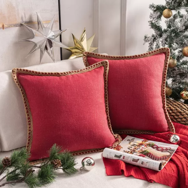 Phantoscope Pack of 2 Farmhouse Decorative Solid Throw Decorative Pillow Cover Burlap Linen Trimmed Tailored Edges Orange 18 x 18 inches 45 x 45 cmRed